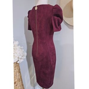 Calvin Klein Burgundy Faux Suede Puff Sleeve Sheath Dress